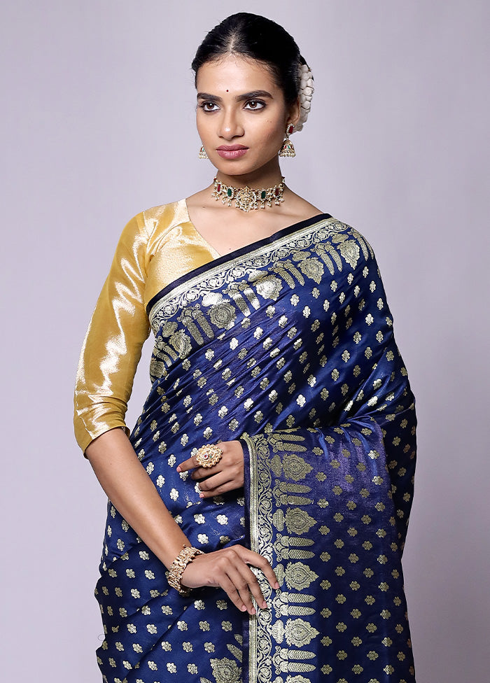 Blue Banarasi Silk Saree With Blouse Piece Sale Genuine