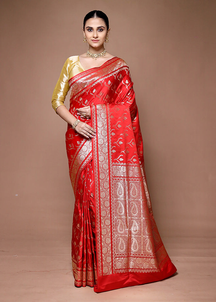 Red Banarasi Silk Saree With Blouse Piece Get To Buy Sale Online