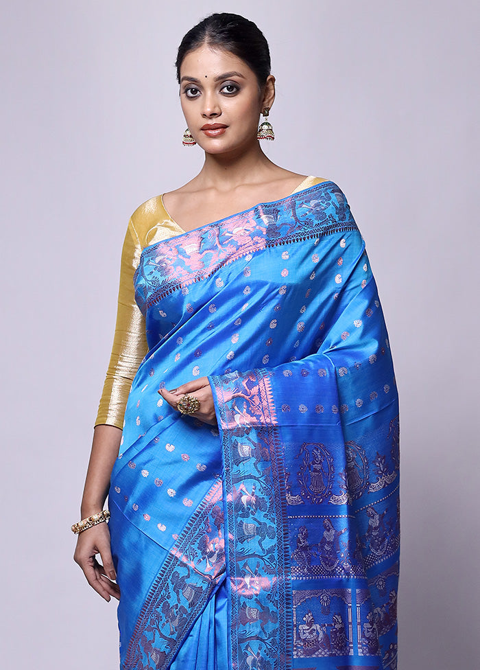 Blue Handloom Baluchari Pure Silk Saree With Blouse Piece Big Sale Cheap Online