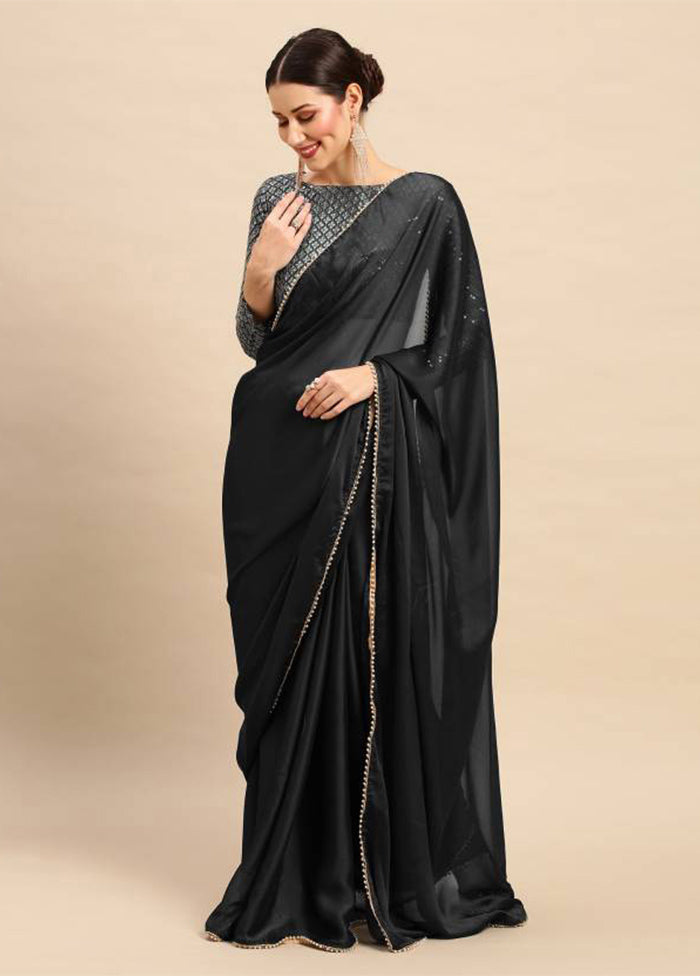 Black Satin Silk Saree With Blouse Piece Outlet Buy