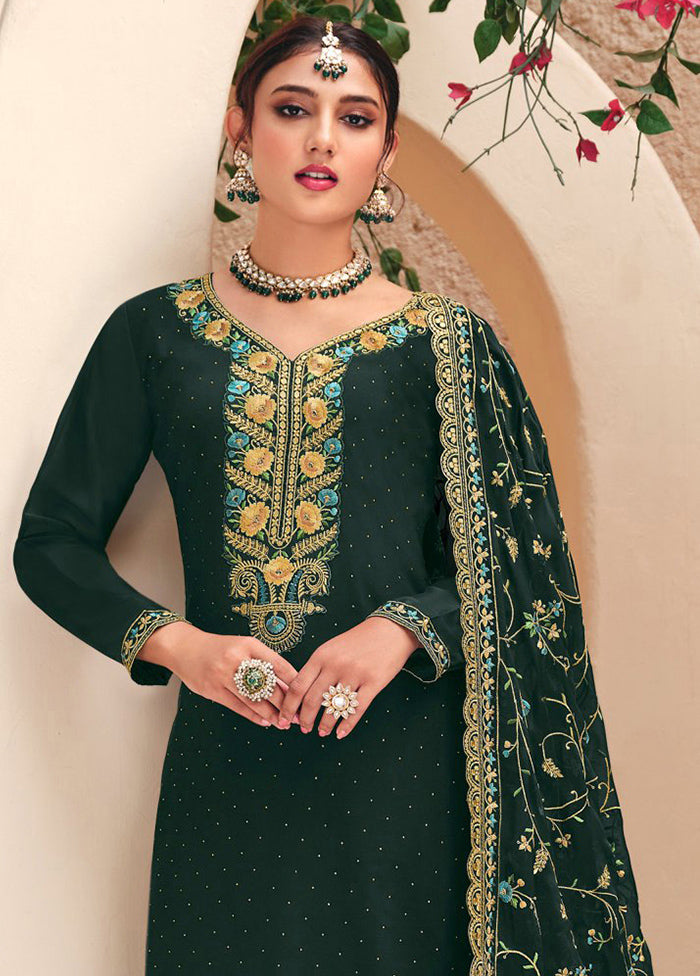 3 Pc Green Semi Stitched Georgette Suit Set Cheap Affordable