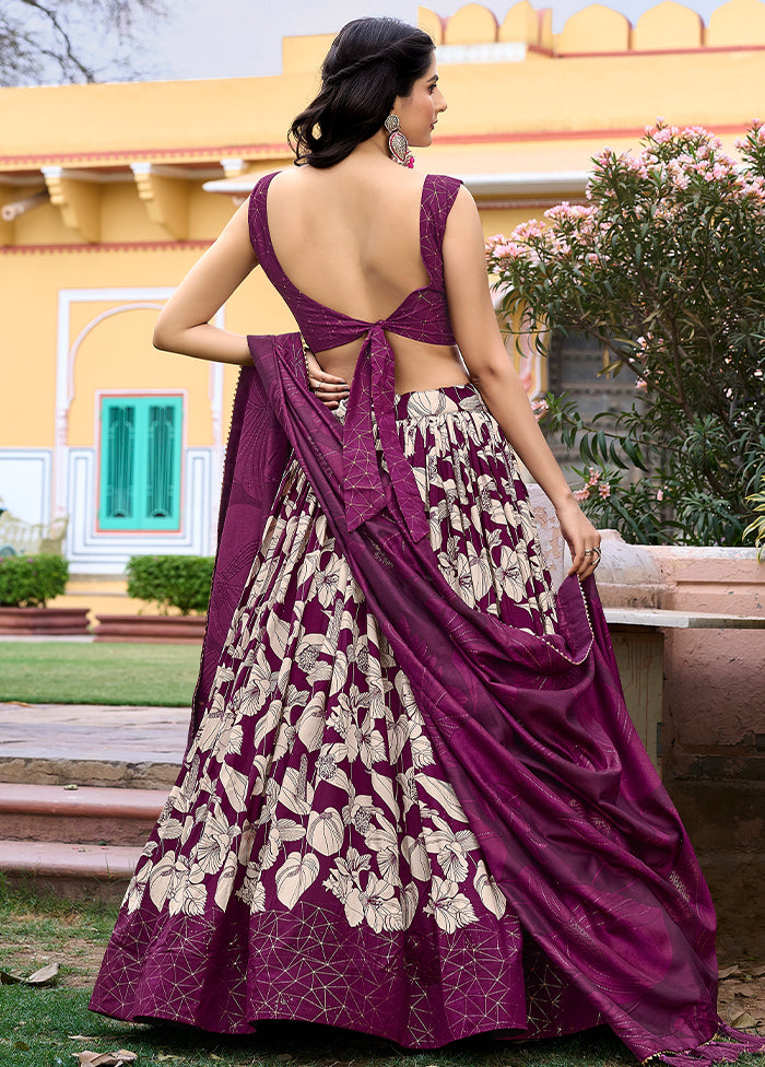 3 Pc Wine Silk Semi Stitched Lehenga Set Sale View