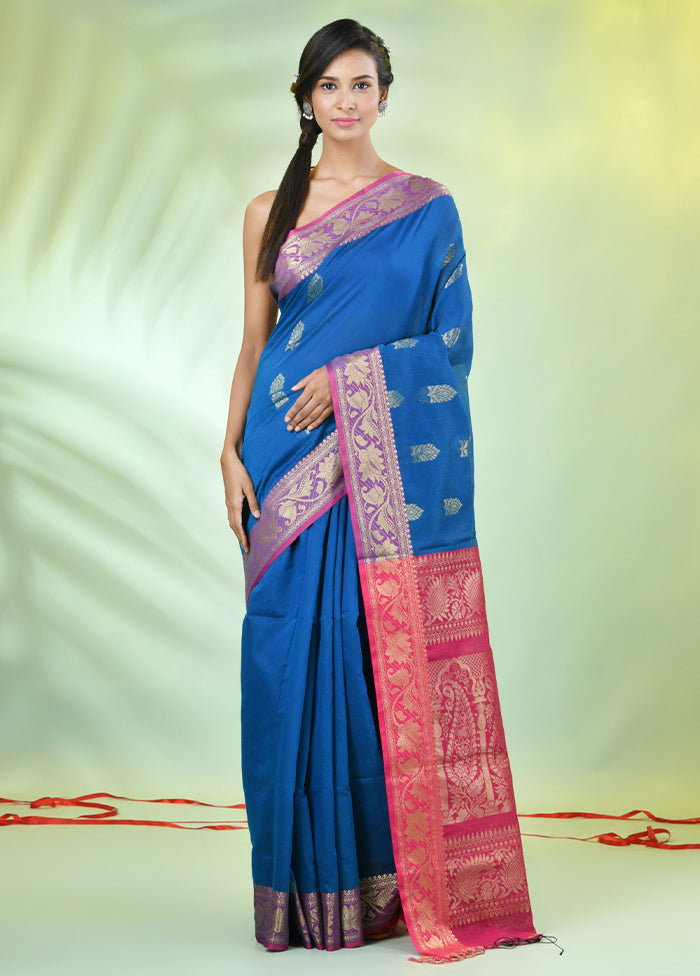 Blue Pure Cotton Saree With Blouse Piece Cheap Pice Top Quality