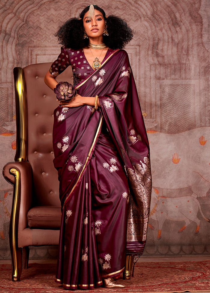 Wine Spun Silk Saree With Blouse Piece Outlet Exclusive