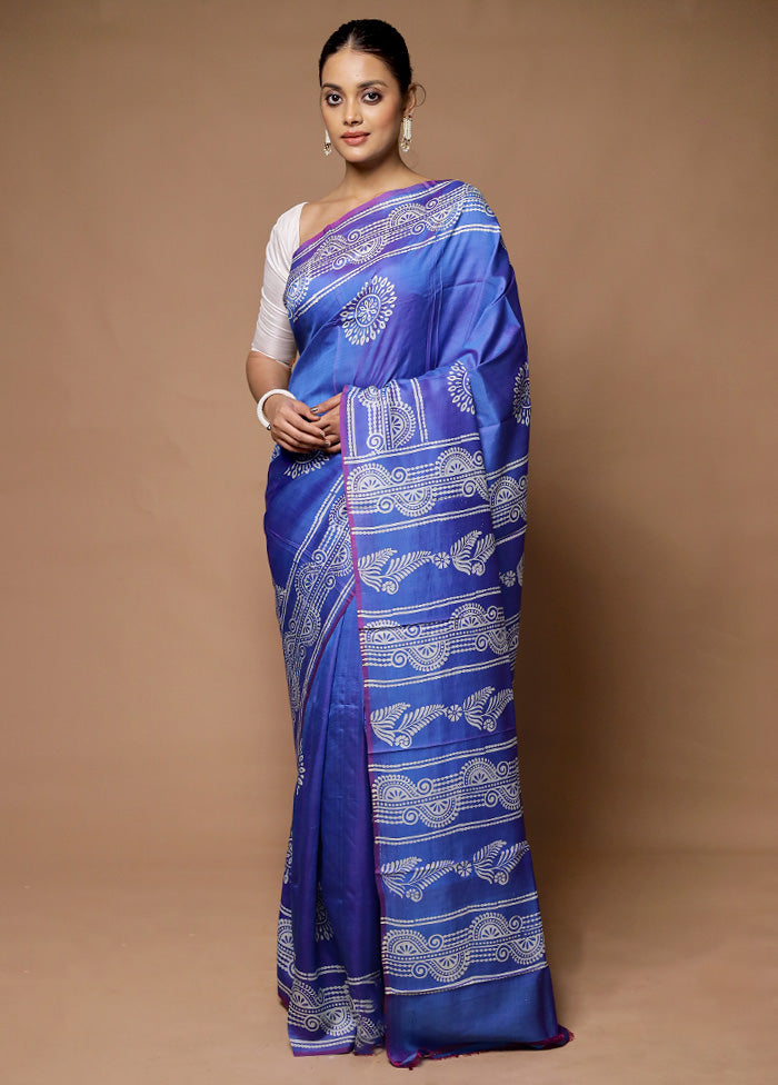 Blue Printed Pure Silk Saree Without Blouse Piece In China