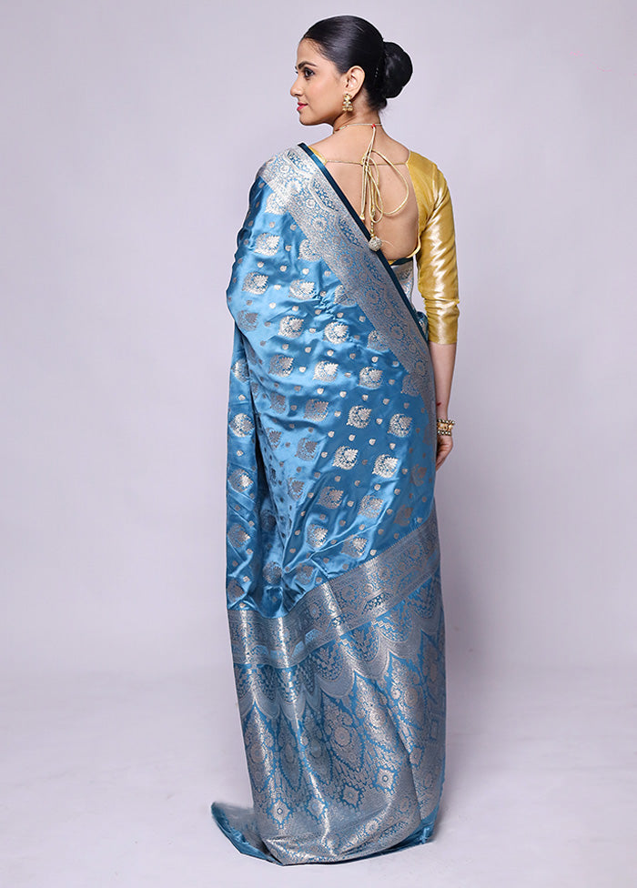 Blue Banarasi Silk Saree With Blouse Piece Clearance Low Pice