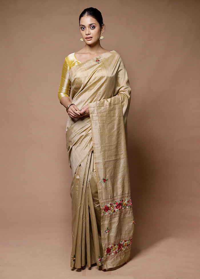 Cream Tussar Silk Saree With Blouse Piece Discount Popular