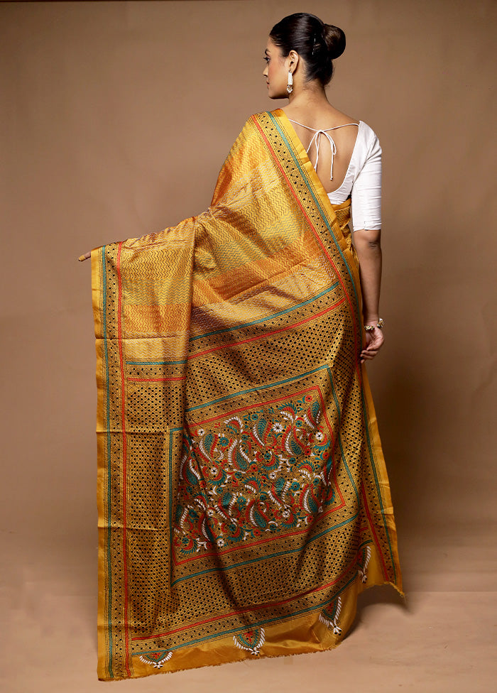 Yellow Handloom Kantha Stitch Pure Silk Saree With Blouse Piece Discounts Cheap Pice