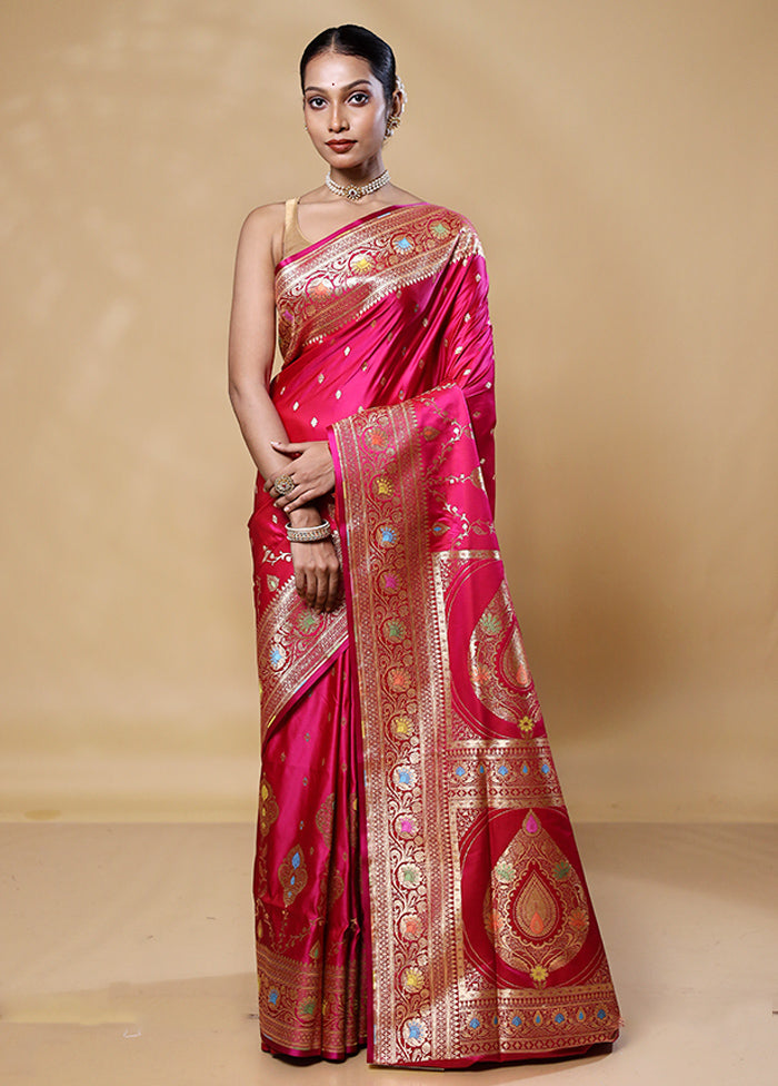 Pink Banarasi Silk Saree With Blouse Piece Buy Cheap With Credit Card