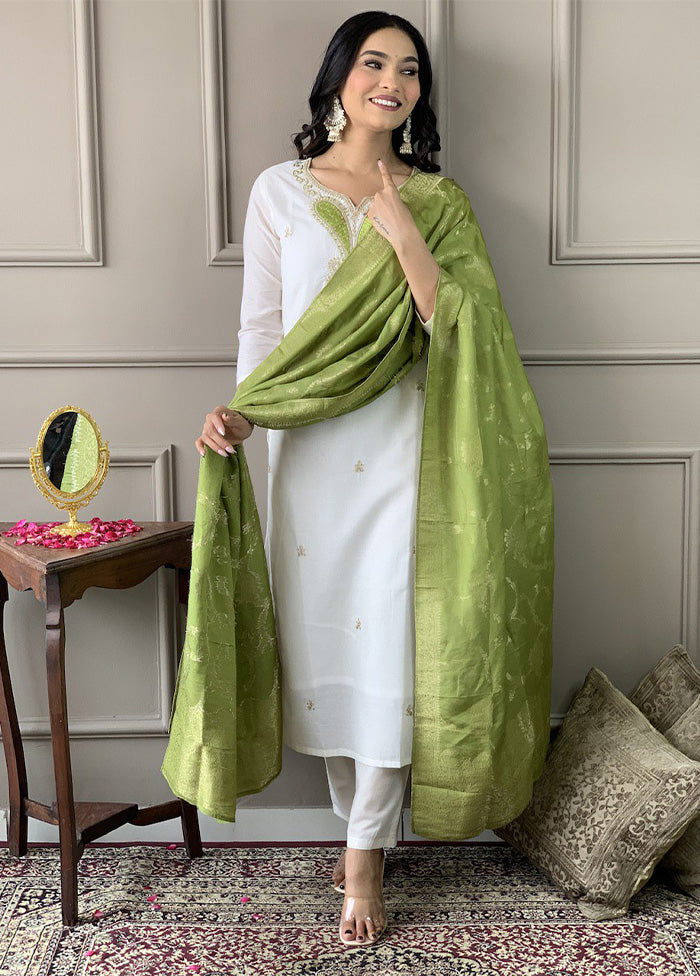 3 Pc White Readymade Chanderi Dupatta Suit Set Enjoy Online