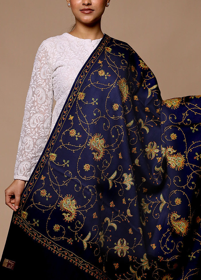 Blue Butta Work With Zari Woven Border Shawl Cheap Sale Manchester