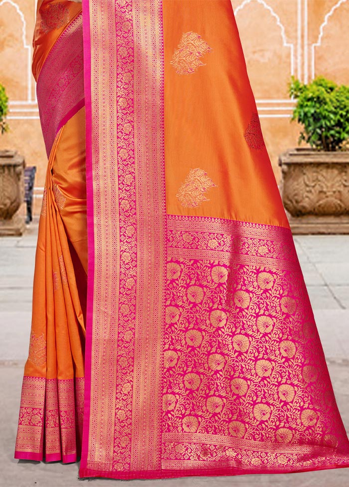 Orange Dupion Silk Saree With Blouse Piece Clearance Pirce Sale