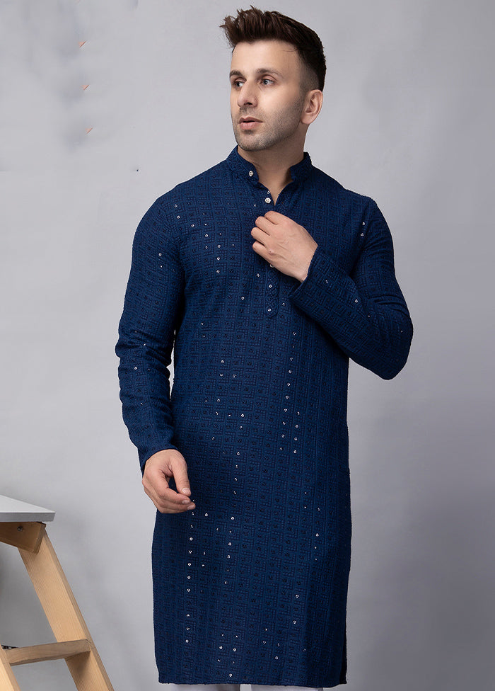 Navy Blue Viscose Embroidered Knee Length Kurta Free Shipping Sale Online