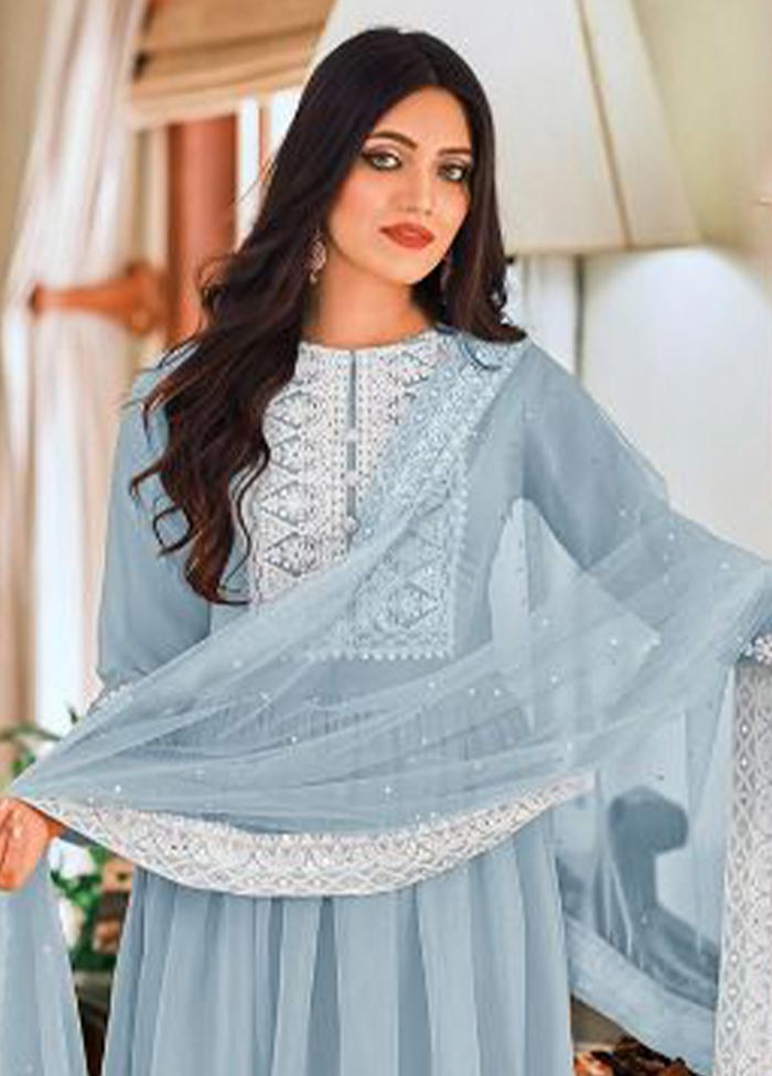 3 Pc Sky Blue Semi Stitched Georgette Suit Set Enjoy Cheap Online