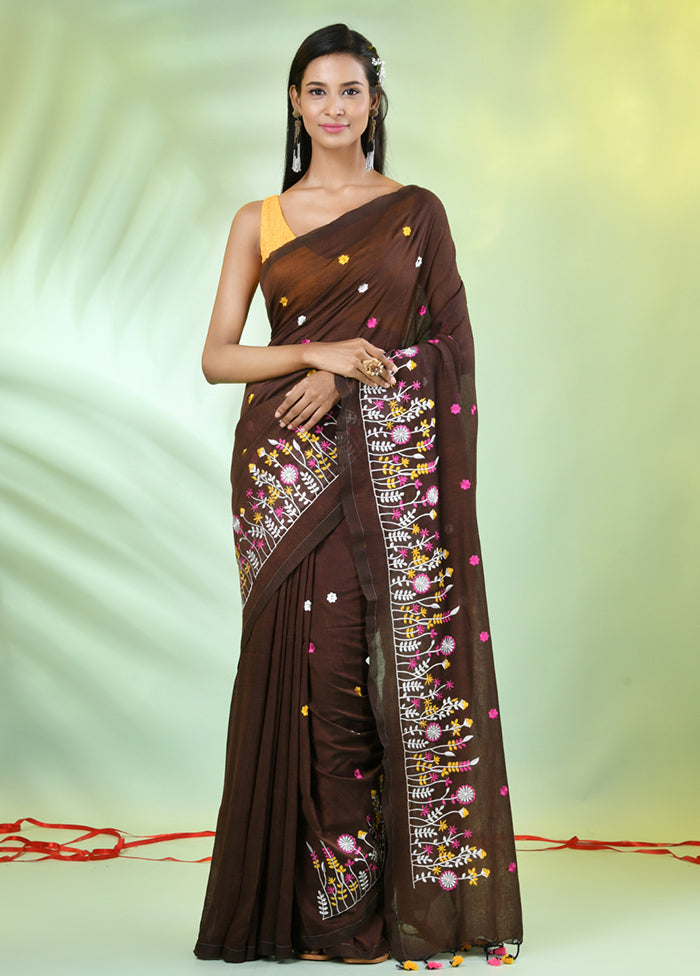 Brown Cotton Saree With Blouse Piece Cheap Shop