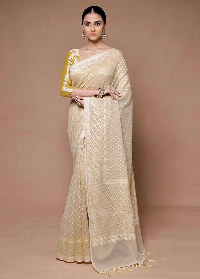 Cream Kora Silk Saree With Blouse Piece High Quality For Sale