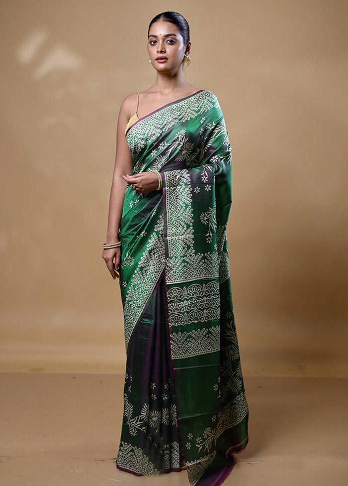 Green Printed Pure Silk Saree Without Blouse Piece Discount Collections