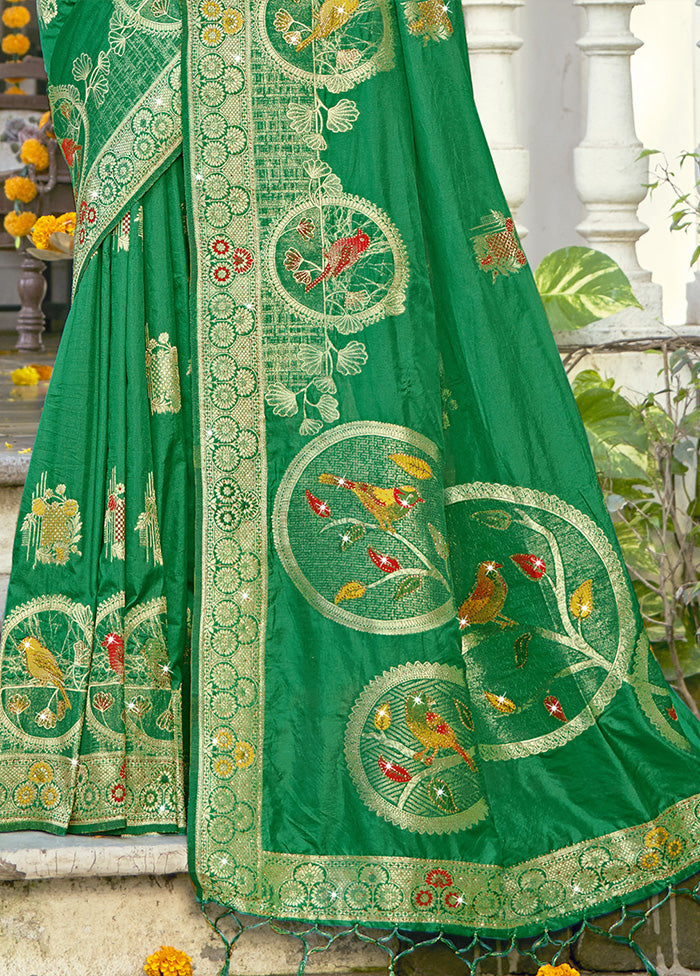 Green Spun Silk Saree With Blouse Piece Cost Online