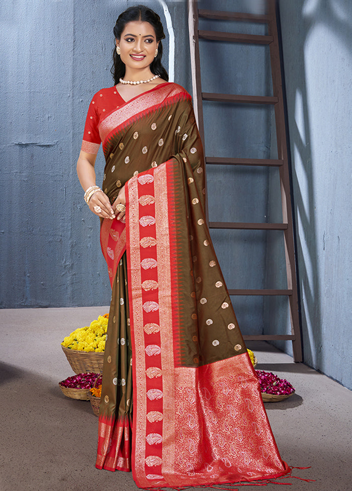 Brown Dupion Silk Saree With Blouse Piece Outlet Low Shipping Fee