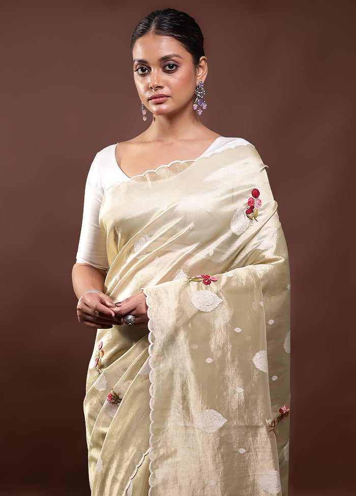 Cream Tissue Silk Saree With Blouse Piece Online Online Original