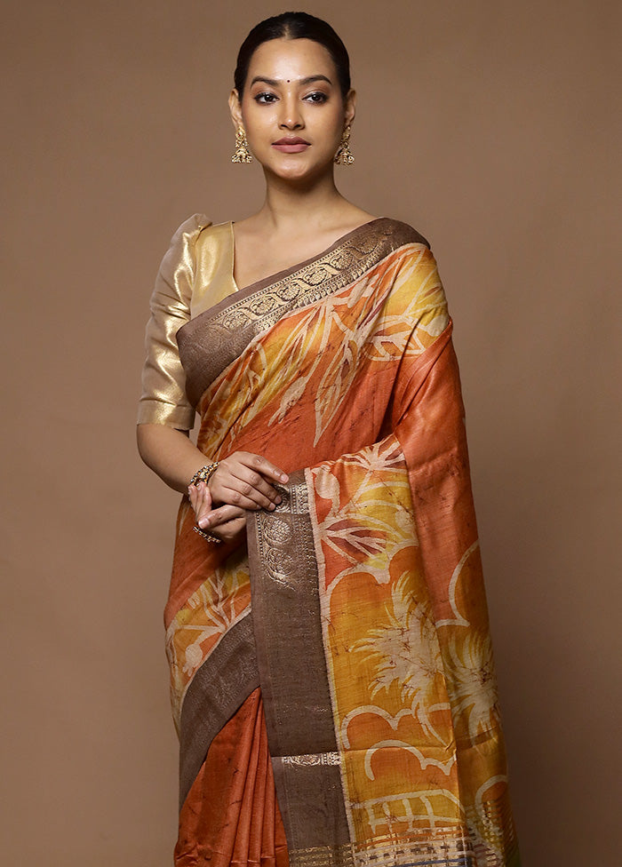 Orange Tussar Silk Saree With Blouse Piece Shop For Cheap Pice