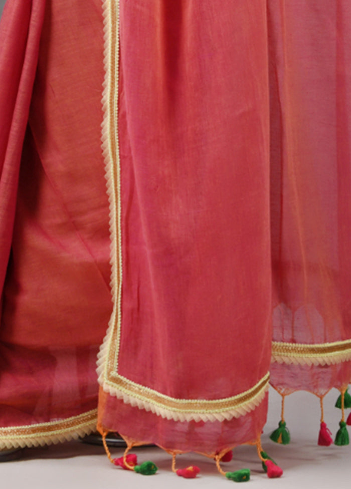 Salmon Pink Cotton Solid Saree Without Blouse Piece Sale For Nice