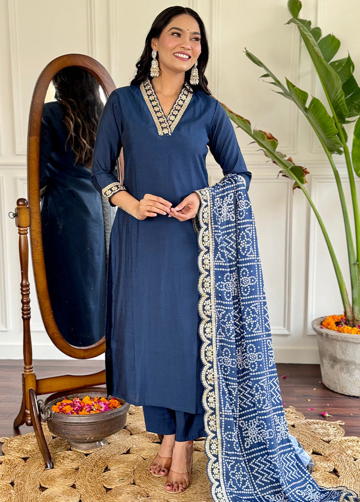 3 Pc Blue Readymade Viscose Dupatta Suit Set Sale Best Sale