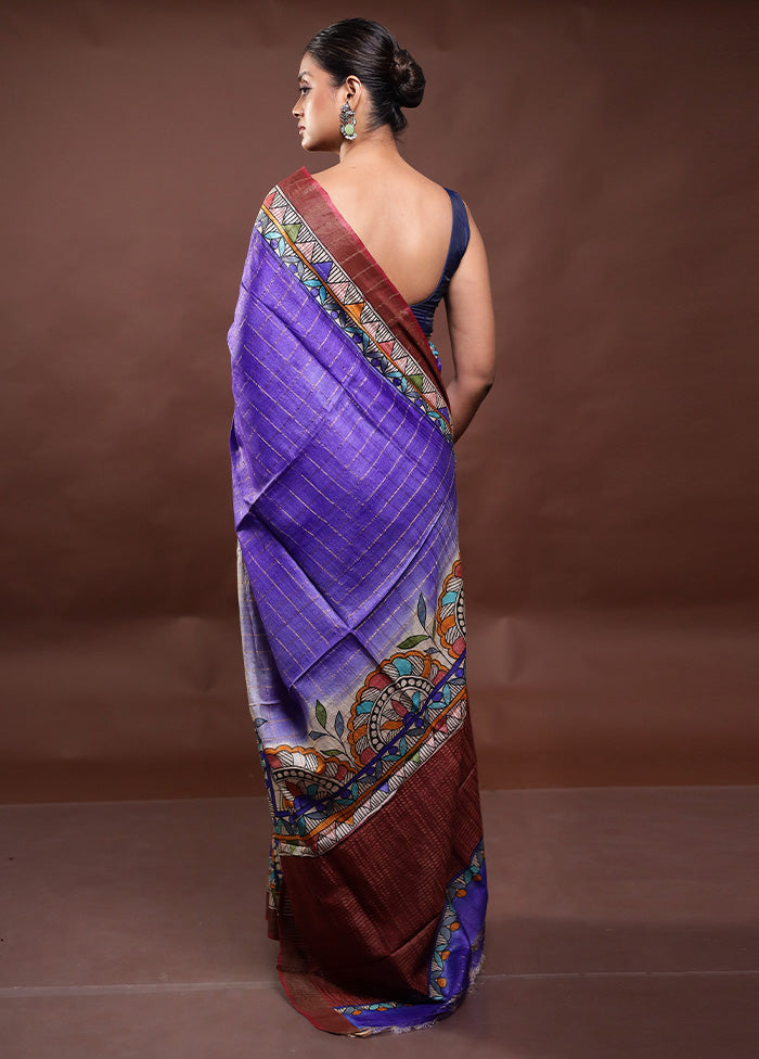 Blue Handloom Tussar Pure Silk Saree With Blouse Piece With Credit Card Free Shipping