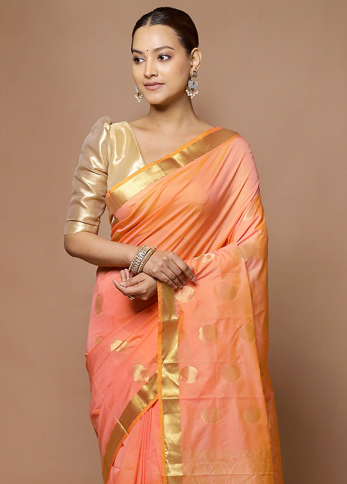 Peach Kanjivaram Silk Saree With Blouse Piece Sale Genuine