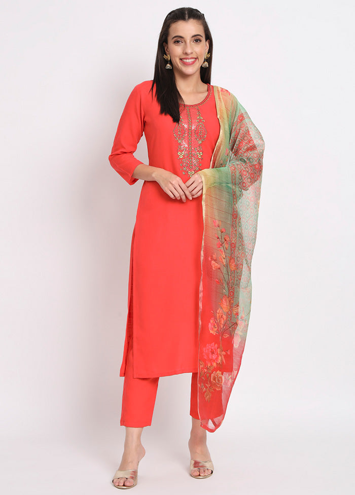 3 Pc Red Readymade Cotton Dupatta Suit Set Sale Exclusive