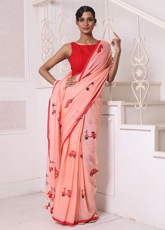 Peach Cotton Uber Print Saree Without Blouse Piece Huge Surprise For Sale