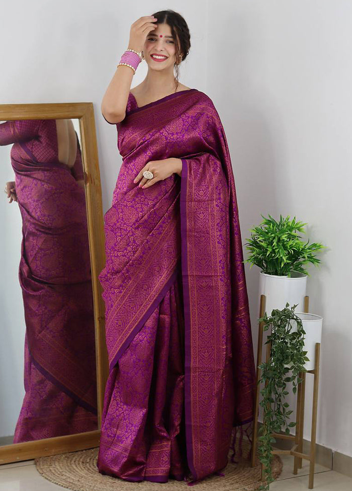 Wine Banarasi Silk Saree With Blouse Piece Discount In China