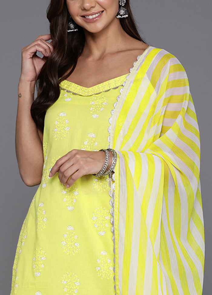 3 Pc Yellow Pure Readymade Cotton Dupatta Suit Set Enjoy Online