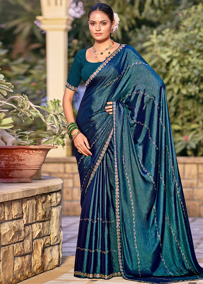 Teal Chiffon Silk Saree With Blouse Piece Sale Outlet