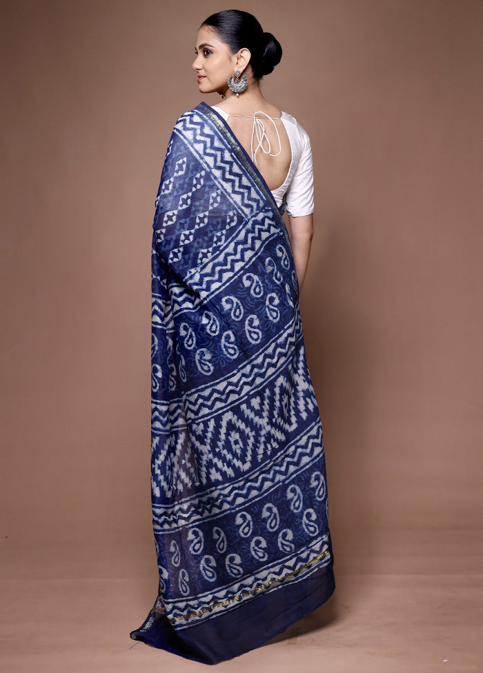 Blue Chanderi Cotton Saree With Blouse Piece Clearance 100% Guaranteed