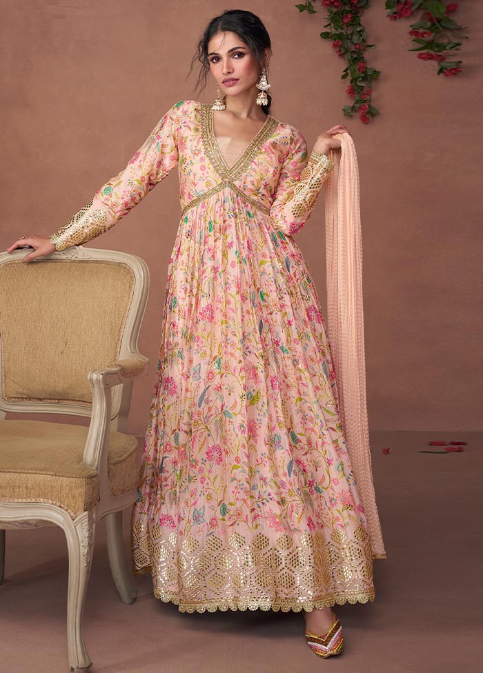 3 Pc Light Peach Semi Stitched Silk Suit Set Discount Store