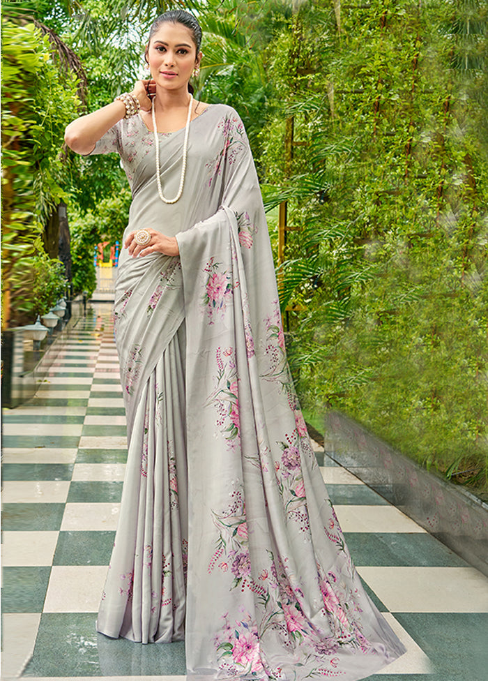 Grey Crepe Silk Saree With Blouse Piece Cheap Sale Inexpensive