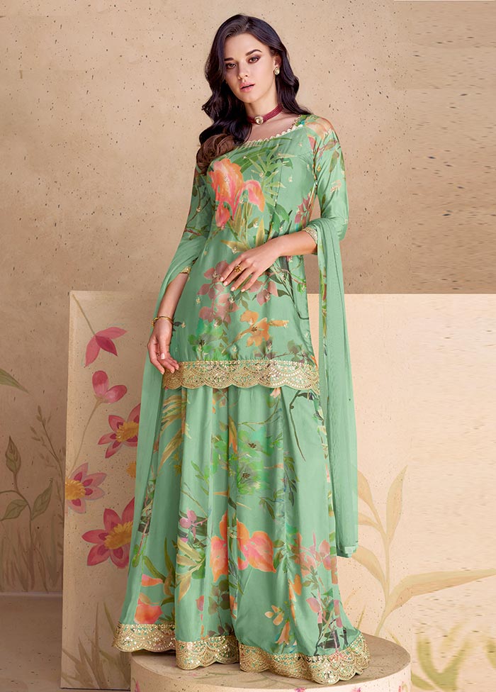 3 Pc Mint Green Semi Stitched Silk Suit Set Deals Online