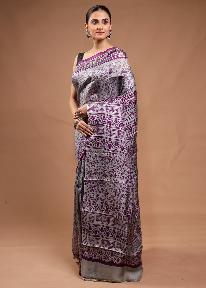 Grey Printed Pure Silk Saree Without Blouse Piece For Cheap Online