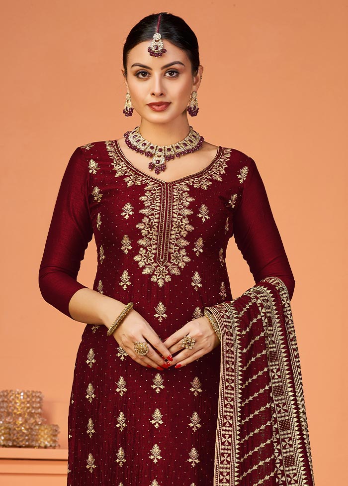 3 Pc Maroon Semi Stitched Georgette Suit Set Popular