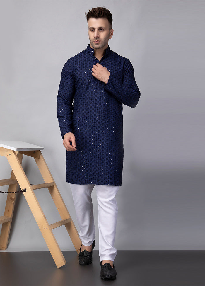 2 Pc Navy Blue Viscose Kurta Pajama Set Cheap Sale Outlet