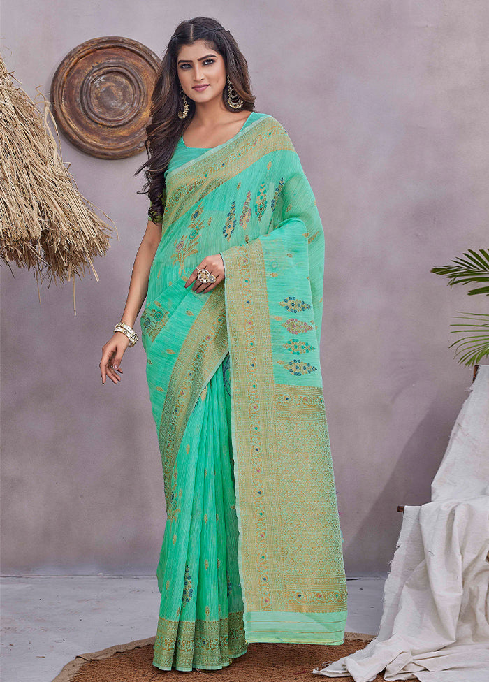 Sea Green Linen Silk Saree With Blouse Piece Cheap Pice Wholesale