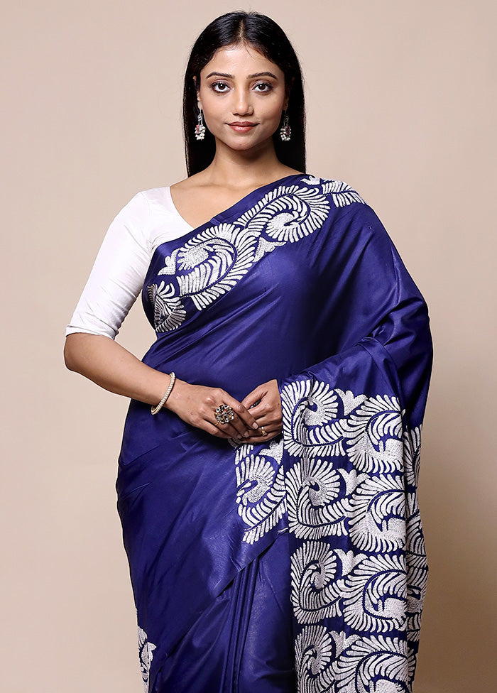 Violet Kantha Stitch Silk Saree With Blouse Piece Footlocker Pictures Sale Online