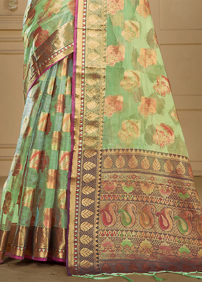 Pista Green Organza Saree With Blouse Piece Fast Delivery Online