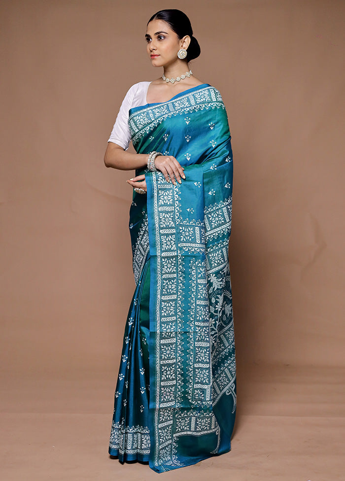 Blue Handloom Kantha Stitch Pure Silk Saree With Blouse Piece Discount View