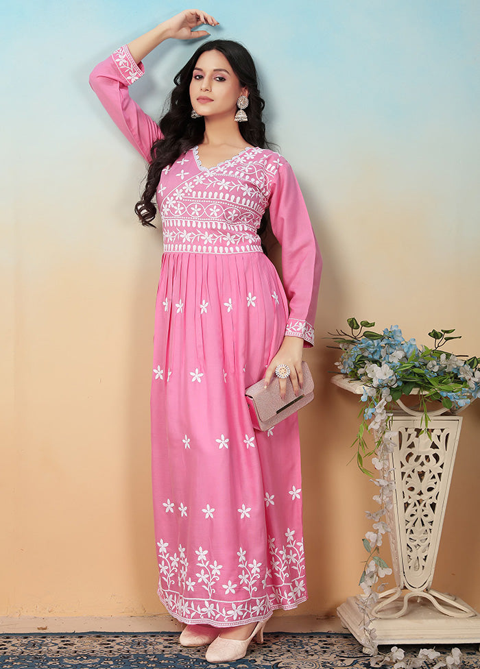 2 Pc Pink Readymade Rayon Long Kurti Set Low Pice Fee Shipping Sale Online