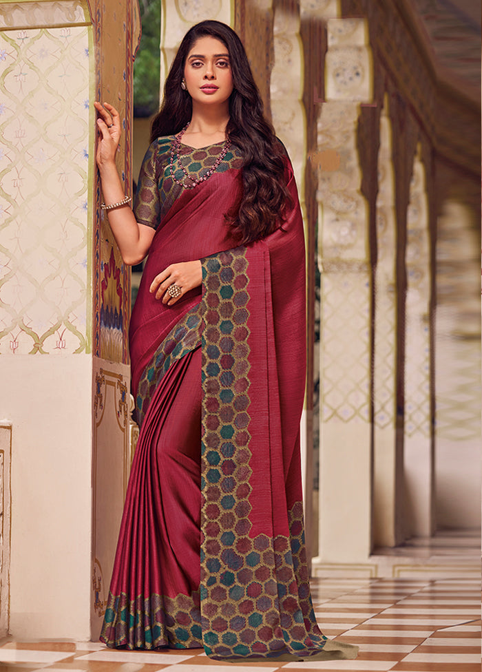 Wine Chiffon Silk Saree With Blouse Piece Clearance Sast