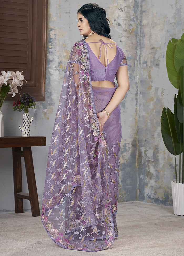 Purple Net Net Saree With Blouse Piece Fake Cheap Online