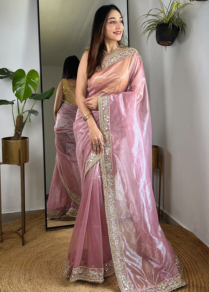 Pink Spun Silk Saree With Blouse Piece With Credit Card Cheap Pice