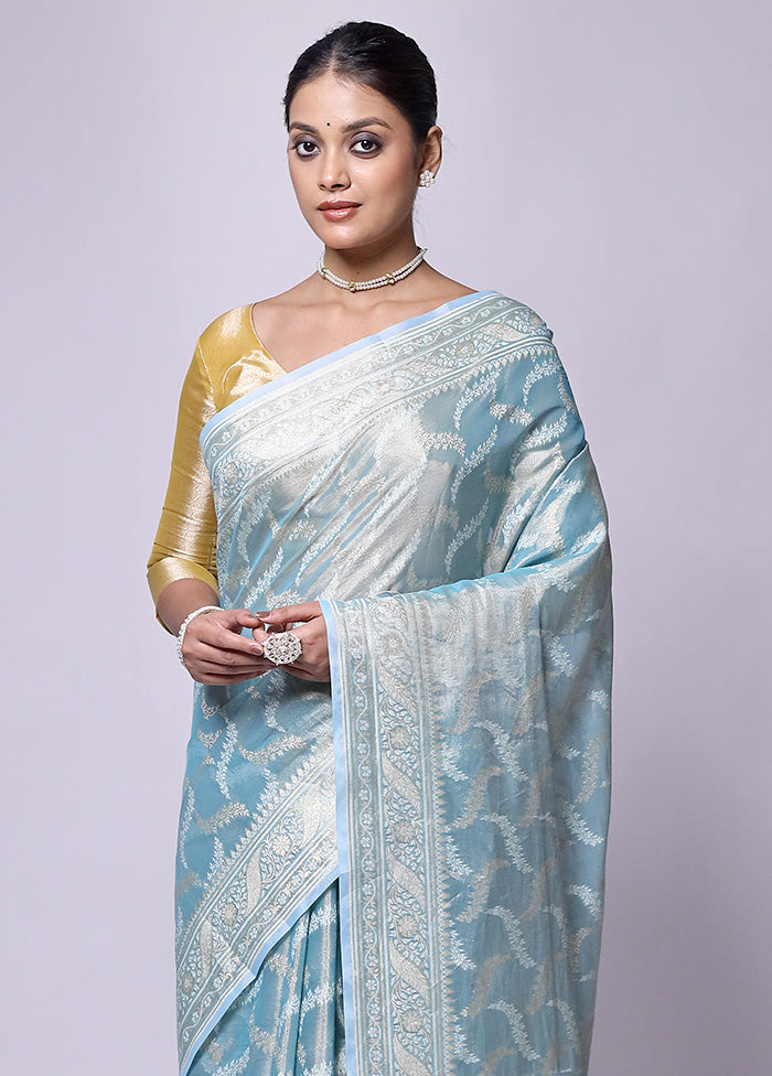 Blue Tissue Silk Saree With Blouse Piece Ebay